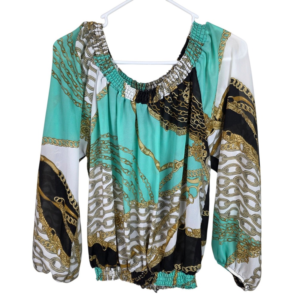 Metaphor Chain Scarf Print Blouse Women L Teal Black Gold Smocked Blouson Top